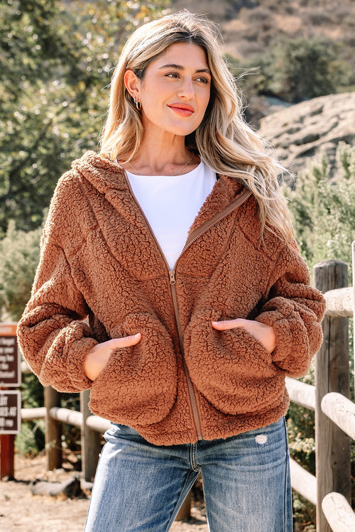 Straw Yellow Zip Up Hooded Sherpa Jacket