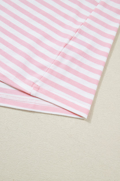 Rose Stripe Drop Shoulder Round Neck Top and Buttoned Straight Pants Two Piece Set