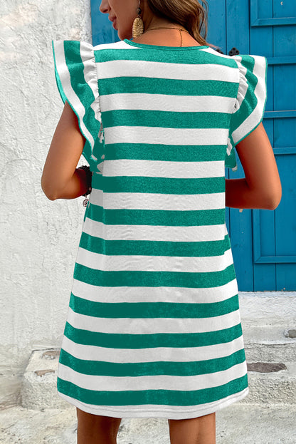 Black Stripe Flutter Sleeve Round Neck Shift Dress