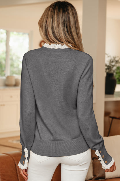 Sleet Lace Trim Patchwork Buttoned Cuffs Loose Sweater