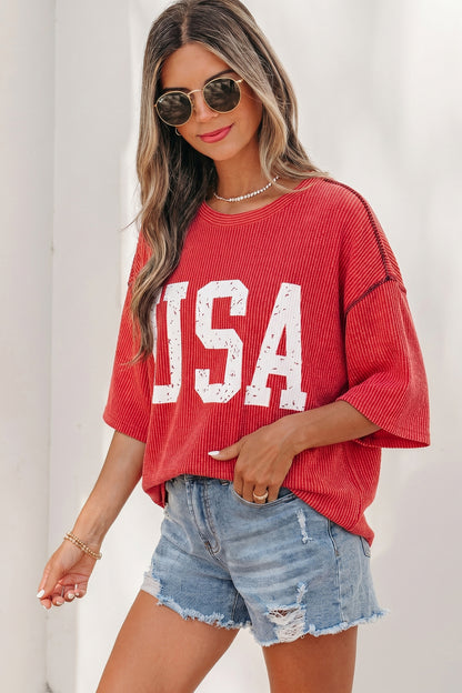 Beau Blue USA Graphic Half Sleeve Loose Ribbed Top