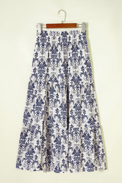 Blue Bohemian Floral Print Tiered Maxi Skirt with Split