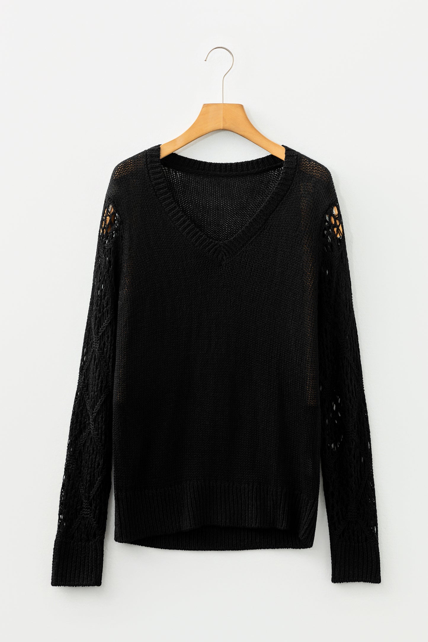 Beau Blue Solid V Neck Pointelle Knit Sleeve Patchwork Sweater