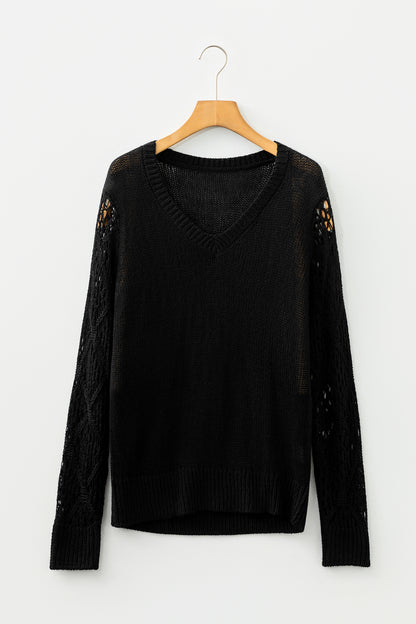 Beau Blue Solid V Neck Pointelle Knit Sleeve Patchwork Sweater