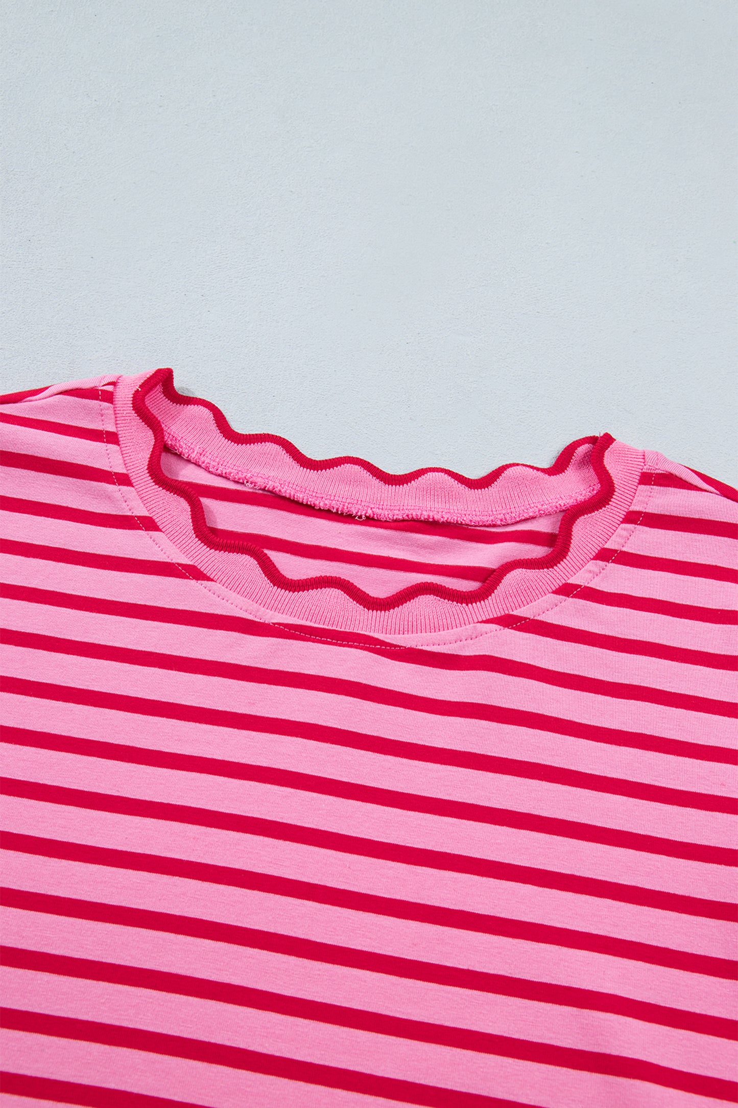 Green Stripe Scalloped Trim Round Neck T Shirt