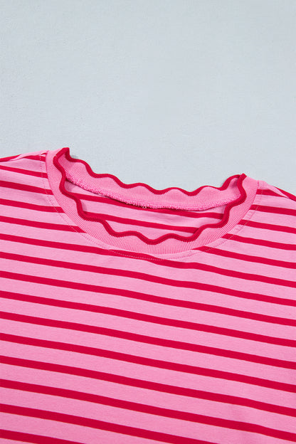 Green Stripe Scalloped Trim Round Neck T Shirt