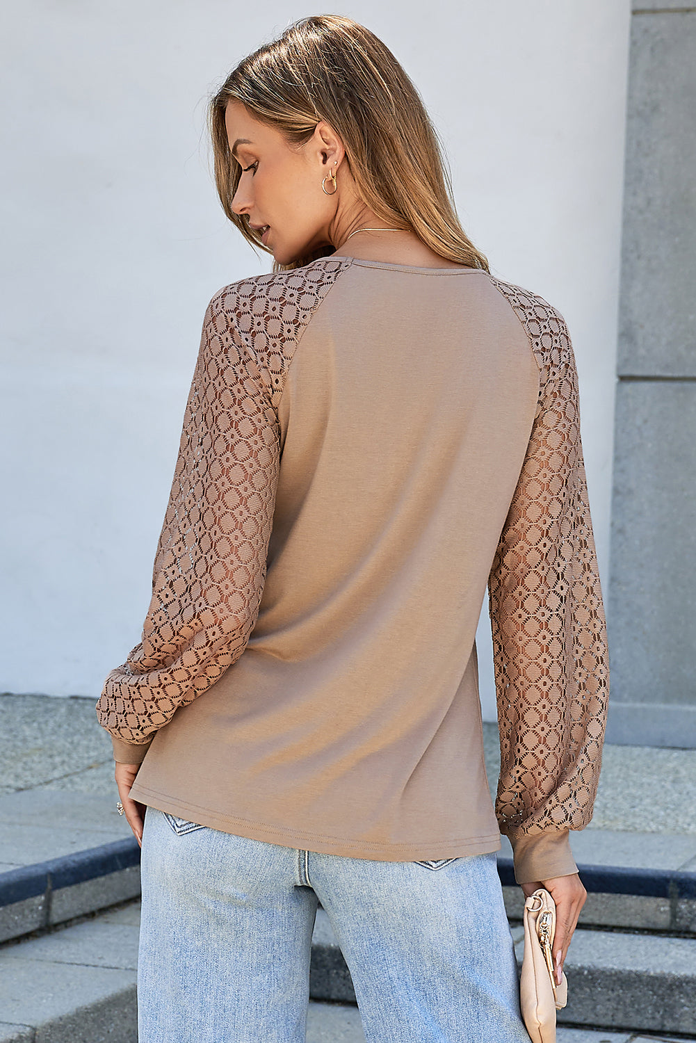 Black Lace Patchwork Long Raglan Sleeve Pleated Top