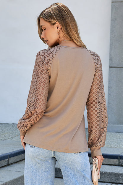 Black Lace Patchwork Long Raglan Sleeve Pleated Top