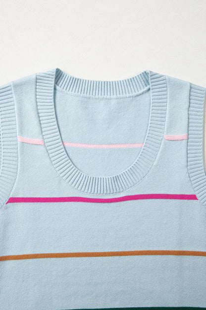 Sky Blue Stripe Round Neck Knitted Sweater Tank