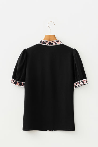 Black V Neck Short Puff Sleeve Contrast Striped Leopard Trim Button Down Shirt