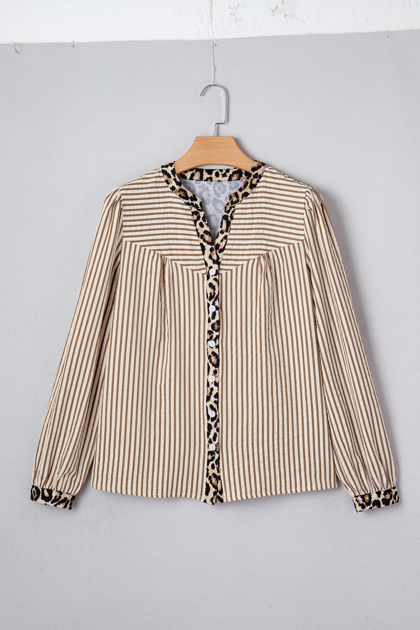 Pink Stripe Leopard Patchwork Long Sleeve Shirt