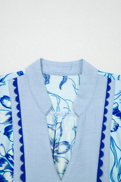 Sky Blue Ricrac Trim Slit V Neck Short Sleeve Floral Blouse