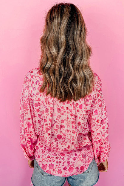 Pink Floral Puff Sleeve Split Neck Lightweight Blouse