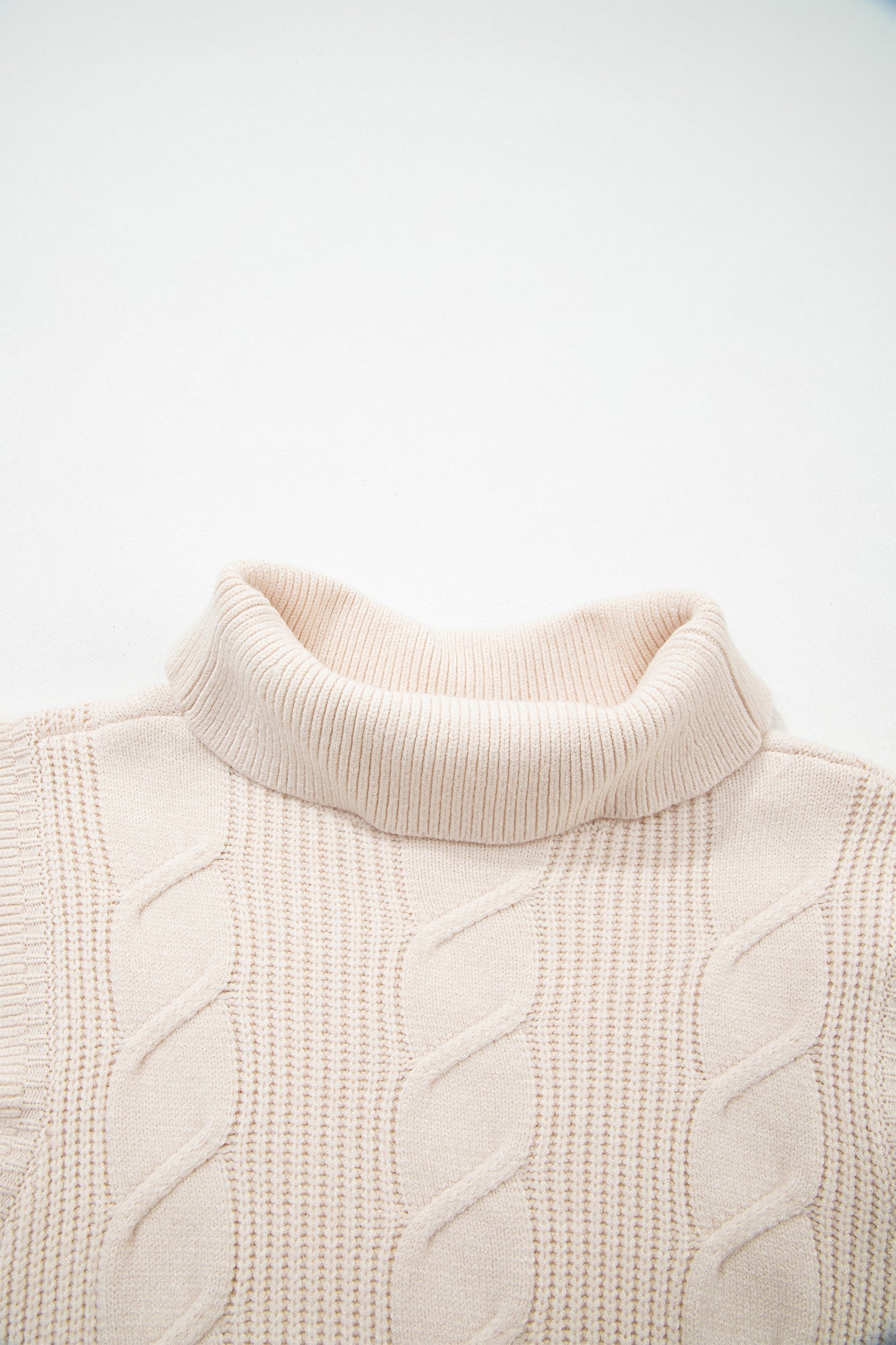 Tomato Red Cable Knit Turtleneck Ruffled Short Sleeve Sweater