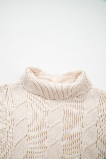 Tomato Red Cable Knit Turtleneck Ruffled Short Sleeve Sweater