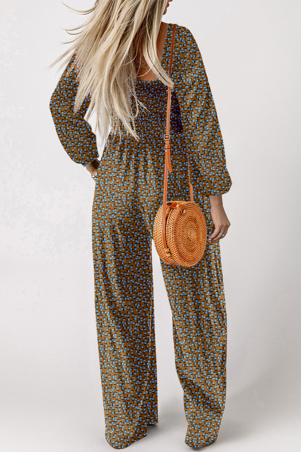 Green Floral Print Western Smocked Bodice Square Neck Wide Leg Jumpsuit