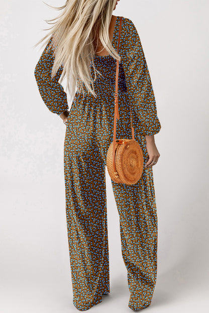 Green Floral Print Western Smocked Bodice Square Neck Wide Leg Jumpsuit