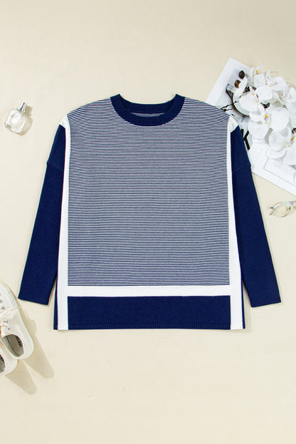 Blue Stripe Color Block Patchwork Dolman Oversize Tunic Sweater