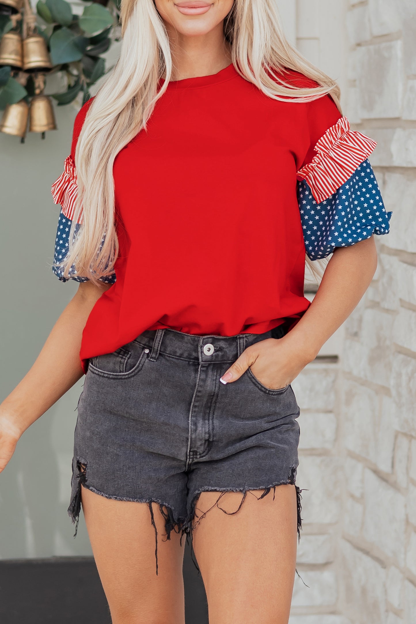 Beau Blue Stars Stripes Short Puff Sleeve Top