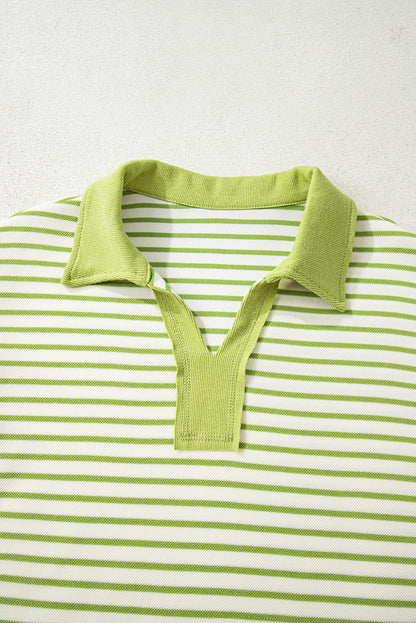 Pink Stripe Collared V Neck Drop Shoulder Pullover and Skort 2pcs Outfit
