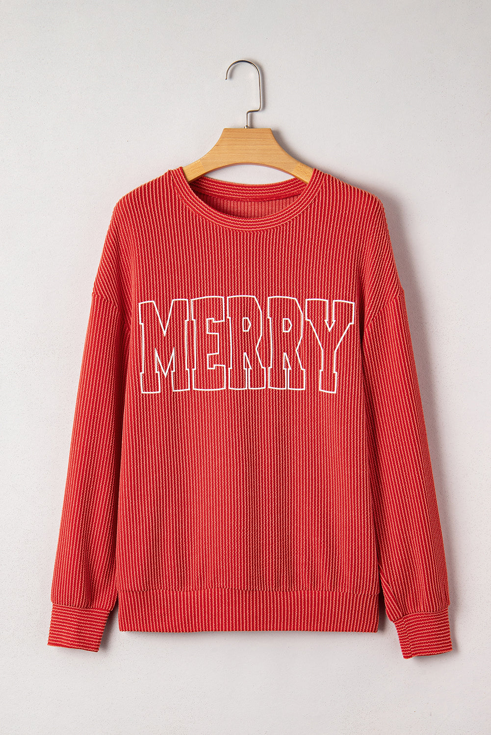 Black Twisted Rib Outlined Merry Letter Graphic Loose Long Sleeve Top