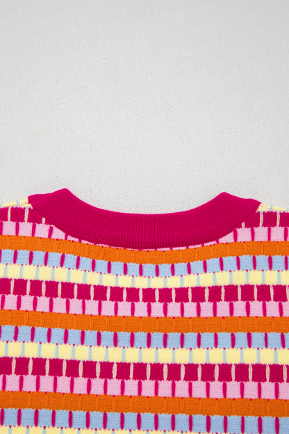 Orange Abstract Striped Knit Short Sleeve Sweater