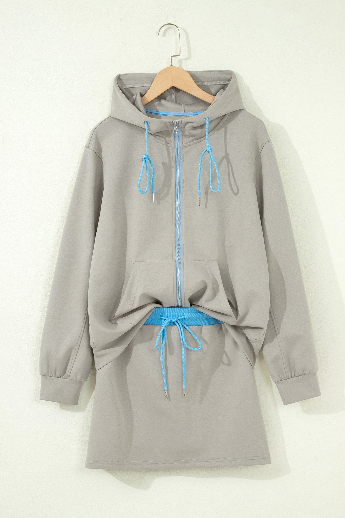 Smoke Green Contrast Trim Zip Up Sporty Jacket Drawstring Mini Skort 2pcs Set