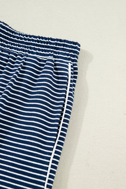 Blue Stripe Drop Shoulder Round Neck Long Sleeve Tee and Buttoned Shorts 2pcs Lounge Set