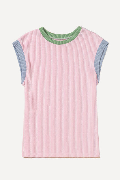 White Color Block Corded Knit Crew Neck Tee