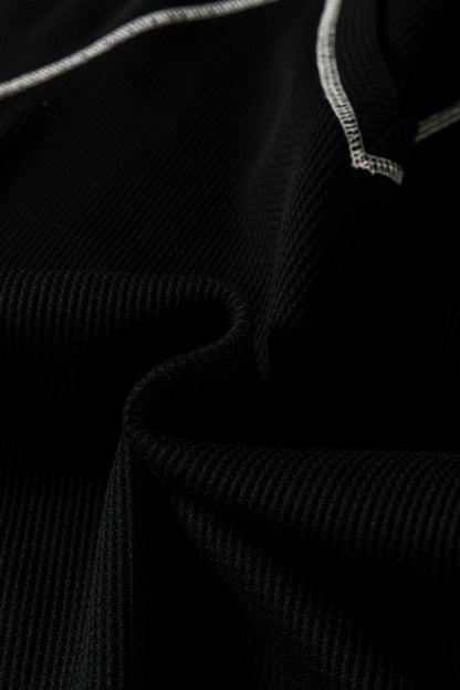 Black Waffle Textured Contrast Trim V Neck Tee
