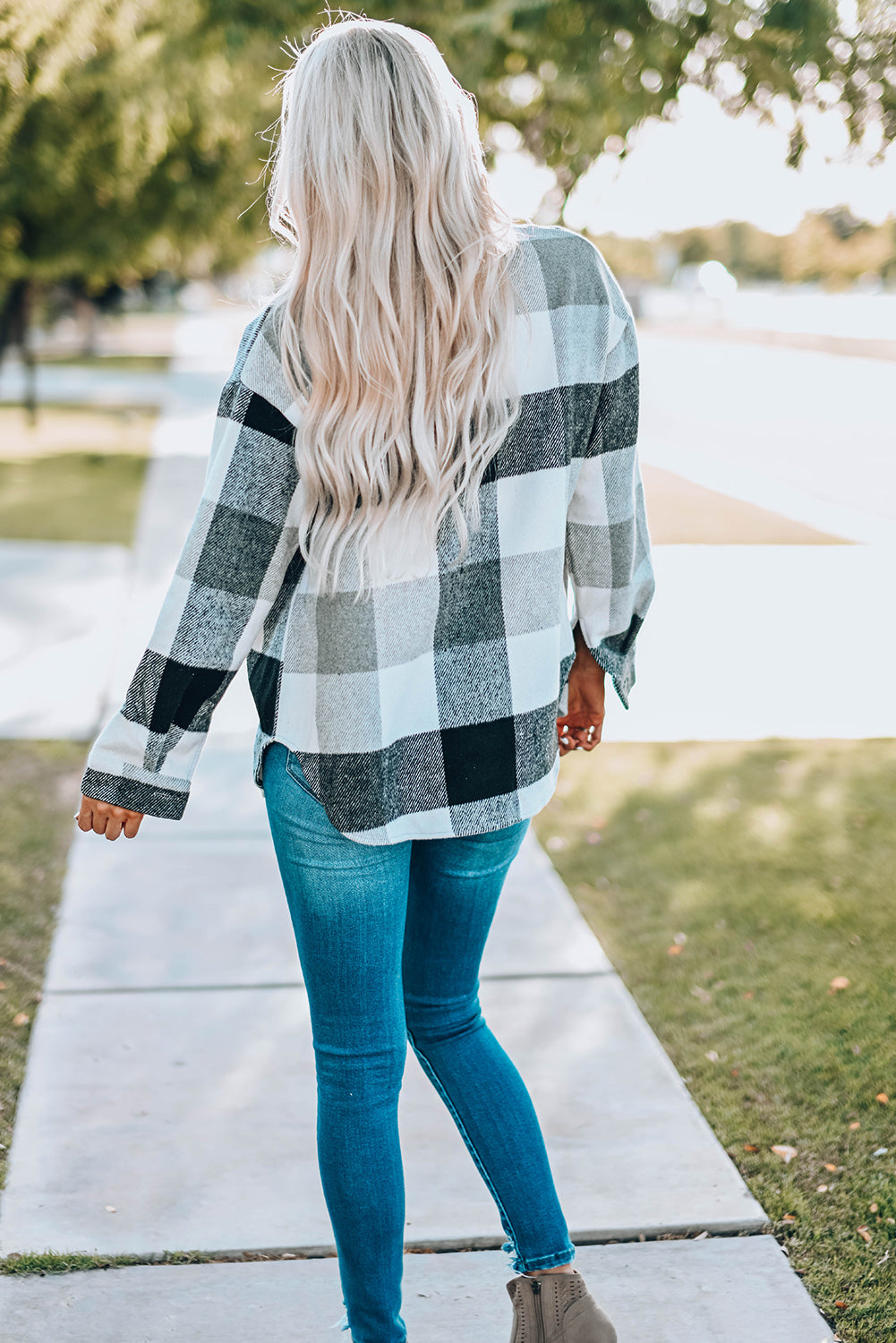 Pink Plaid Color Block Buttoned Long Sleeve Jacket with Pocket