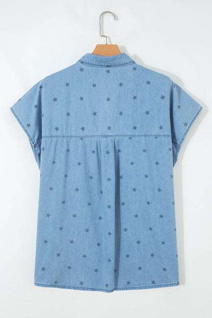 Beau Blue Star Allover Print Double Chest Pocket Short Sleeve Denim Shirt