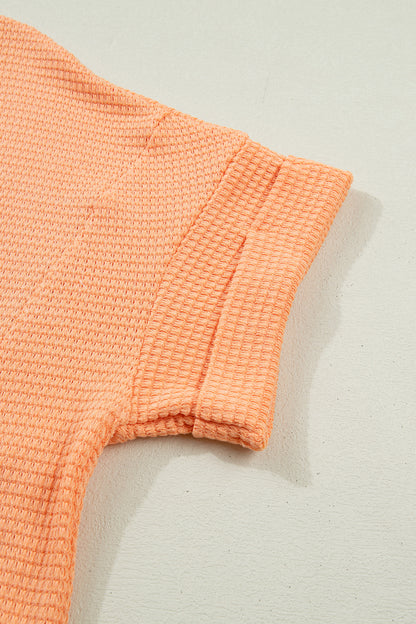 Grapefruit Orange Waffle V Neck Short Sleeve Knit Top