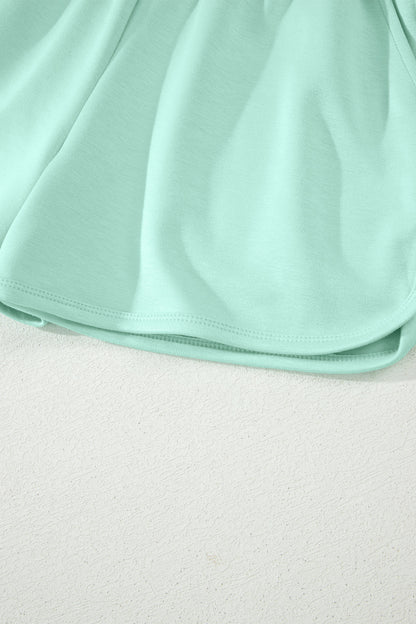 Moonlight Jade Solid Color Exposed Seam Mock Neck Oversize Tee Casual Shorts 2pcs Outfit