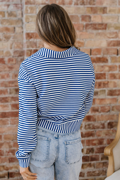 Green Stripe Quarter Zip Collar Pullover Long Sleeve Top