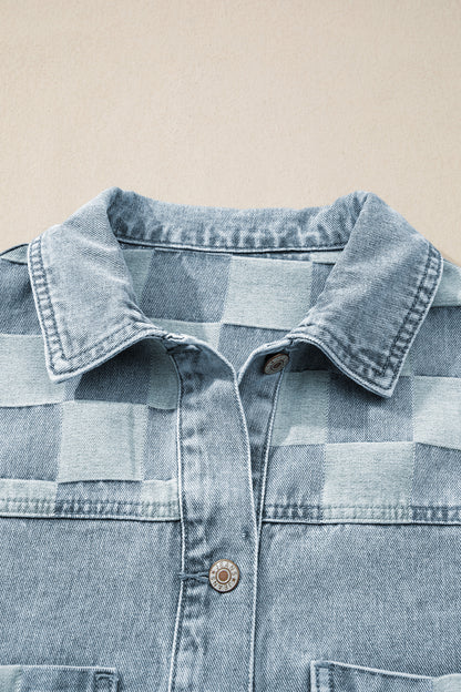 Beau Blue Denim Checkered Pattern Patchwork Womens Casual Jacket