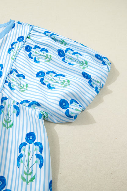 Sky Blue Floral Striped Bubble Short Sleeve Plus Size Dress