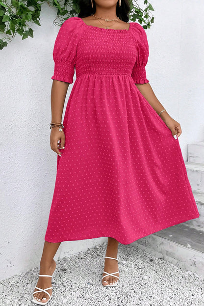 Wisteria Swiss Dot Smocked Frilled Neckline Short Sleeve Plus Size Dress