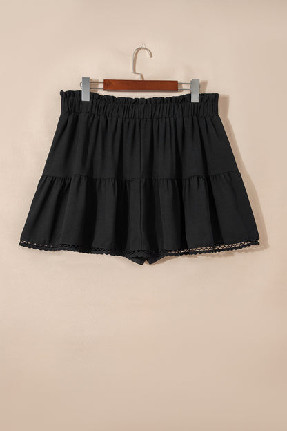 White Plus Size Frilled Elastic Waist Lace Trim Boho Ruffled Shorts
