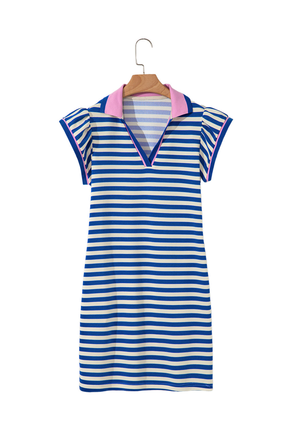 Green Stripe Print Contrast Collar Split Neck Flutter Sleeve Short Dress