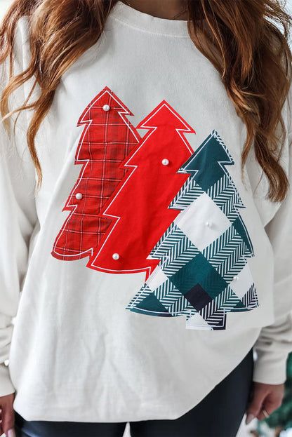 White Pearl Plaid Christmas Tree Patched Drop Shoulder Sweatshirt
