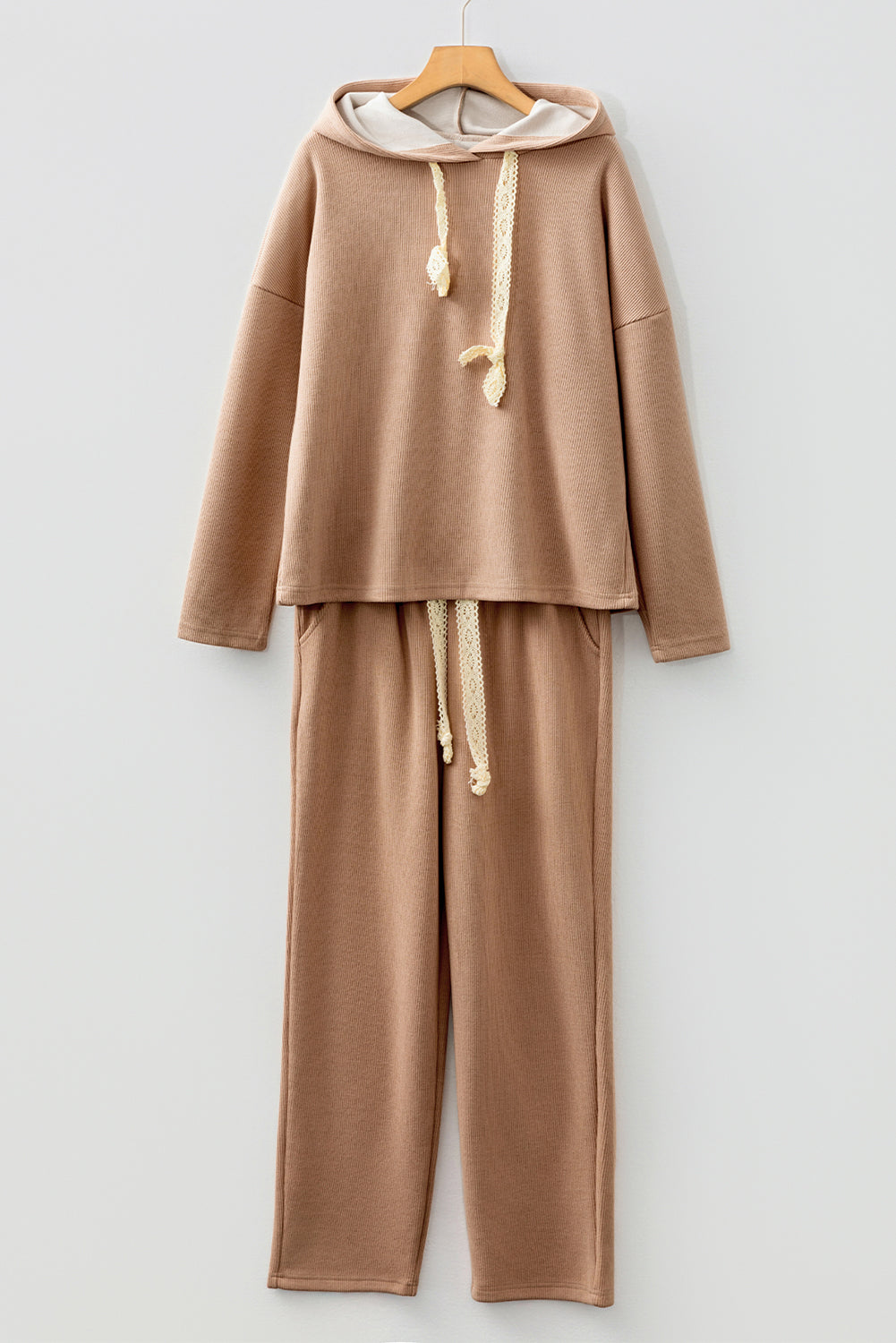 Rose Tan Lace Drawstring Pullover Hoodie and High Waist Pants Corduroy Suit