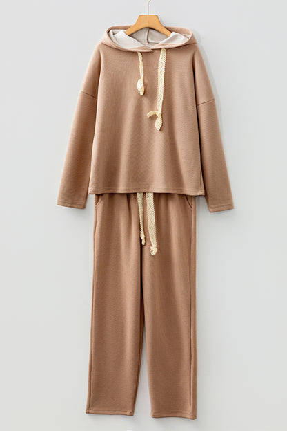 Rose Tan Lace Drawstring Pullover Hoodie and High Waist Pants Corduroy Suit