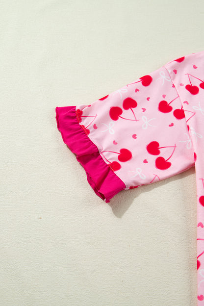 Rose Cherry Bow Mixed Print Scalloped Edge Short Pajama Set