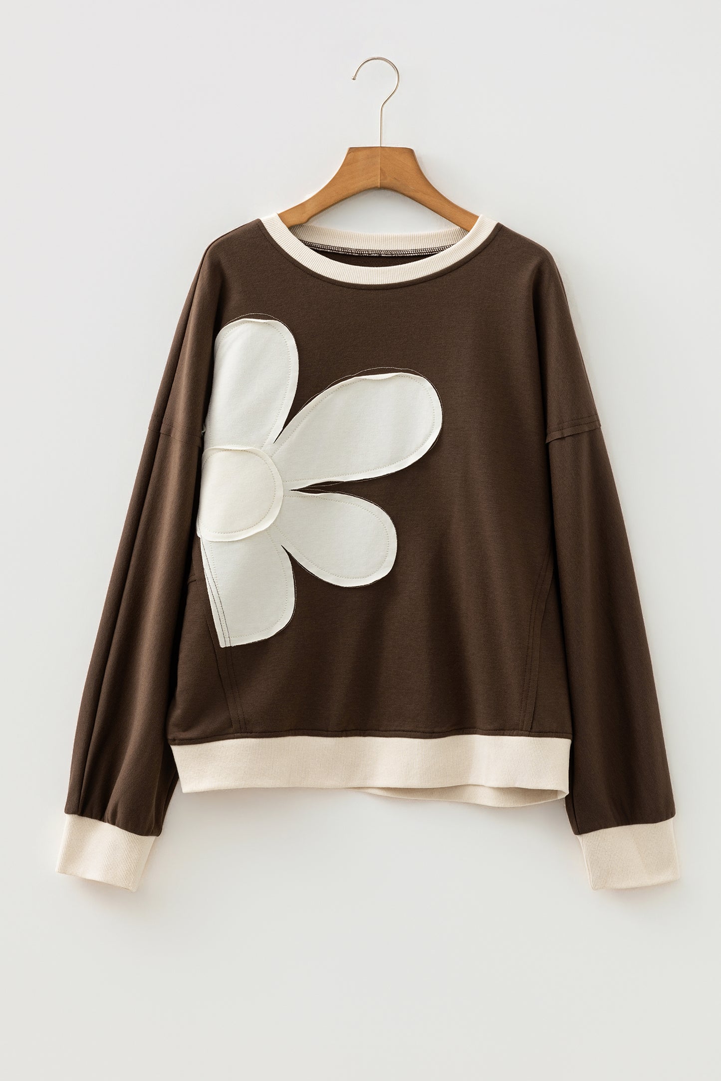 Smoke Green Raw Edge Flower Patch Drop Shoulder Casual Top