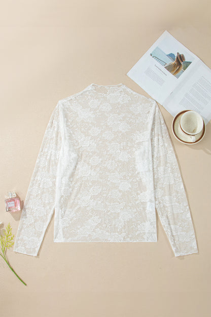 Black Plus Size Floral Mesh Long Sleeve Top