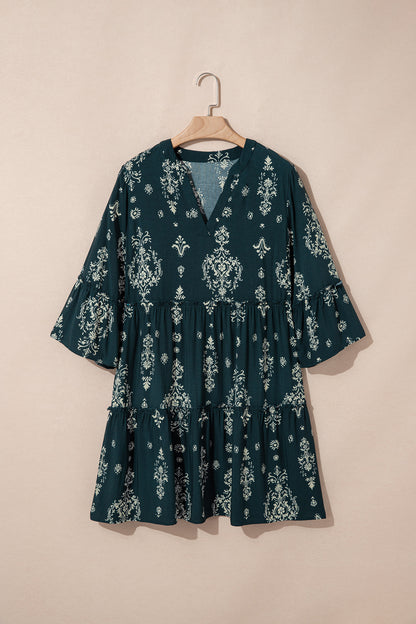 Red Boho Floral Print Lettuce Trim 3/4 Sleeve Mini Dress