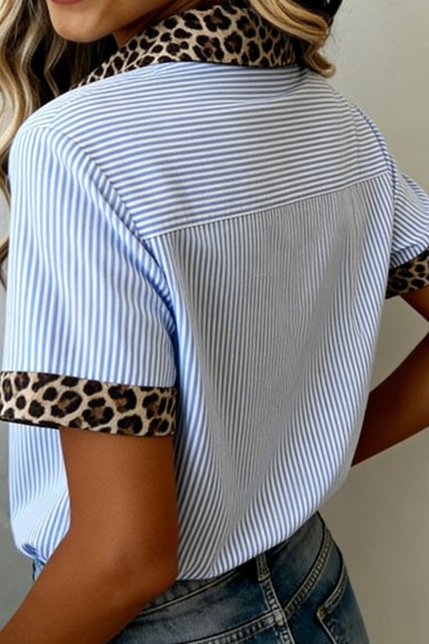 Green Stripe Leopard Contrast Collar Short Sleeve Shirt