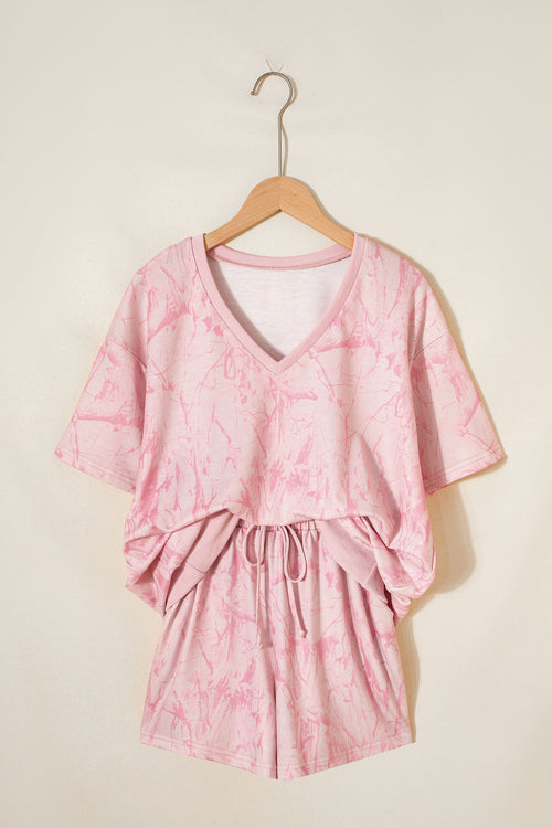 Pink Abstract Print V Neck Loose Tee Drawstring Shorts 2pcs Outfit