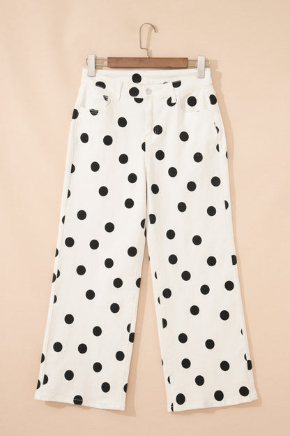 White Polka Dot Print Wide Leg Ankle-Length Jeans